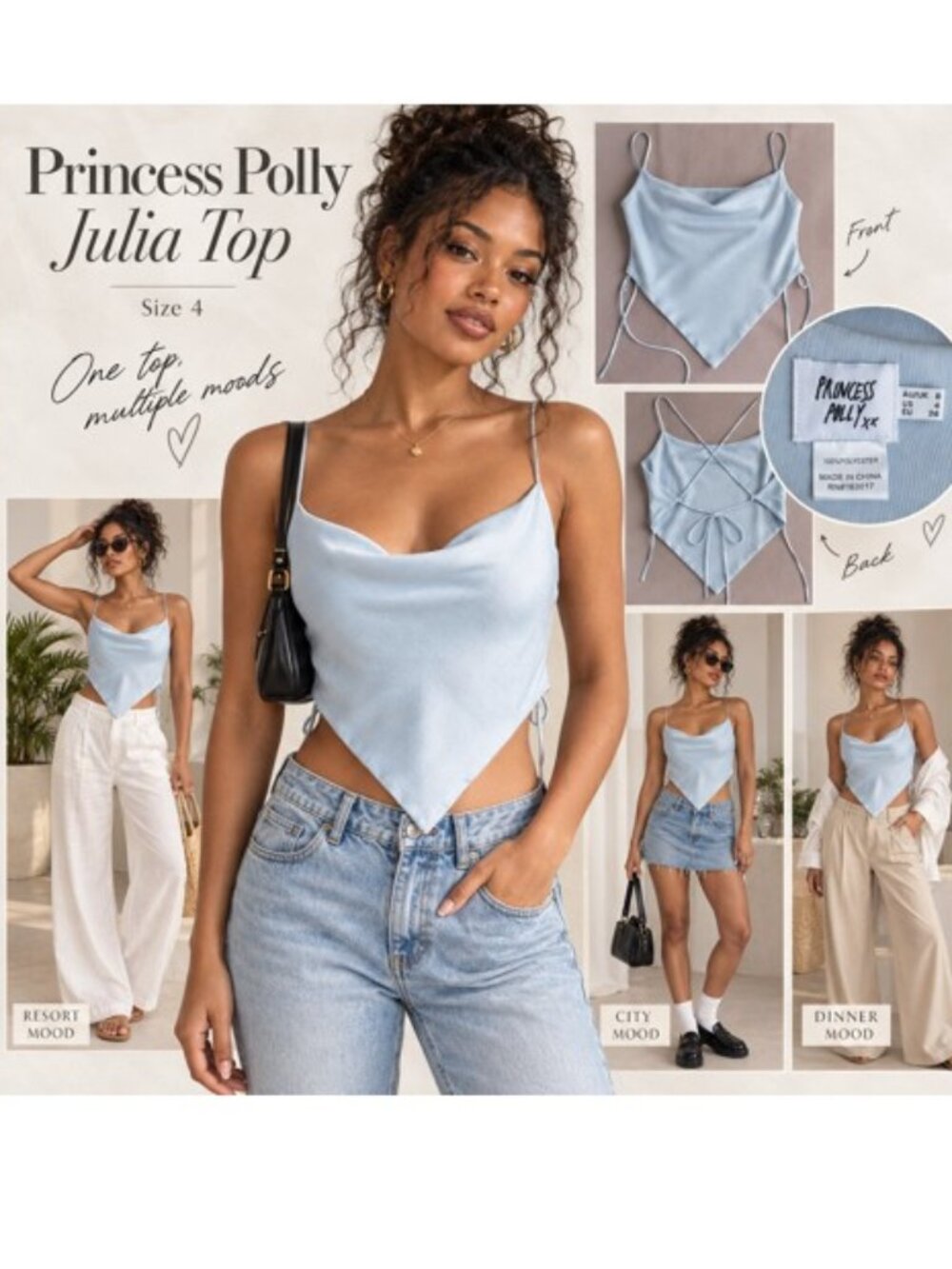 Princess Polly Julia Top Blue Cowl Neck Open Back Tie Size 4